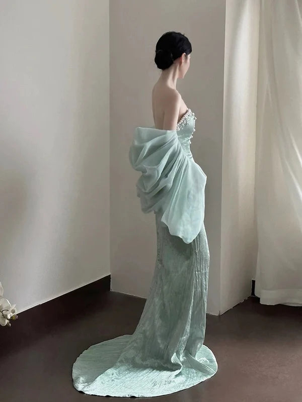 Pretty Mint Green Satin Mermaid Sweetheart Long Prom Dresses With Beaded Discount Long Party Dress