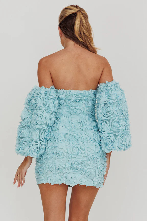 Pretty Off-Shoulder Puff Sleeves Rose Floral Baby Blue Mini Homecoming Dress