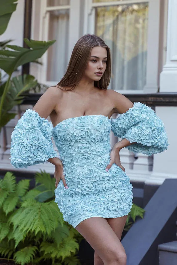 Pretty Off-Shoulder Puff Sleeves Rose Floral Baby Blue Mini Homecoming Dress