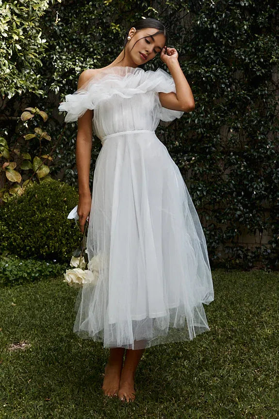 Pretty Off-Shoulder Ruffle Pleated Tulle Off White Midi Evening Dress