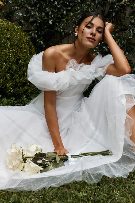 Pretty Off-Shoulder Ruffle Pleated Tulle Off White Midi Evening Dress