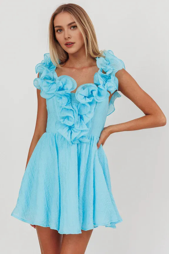 Pretty Off-shoulder Ruffle Neckline Ocean Mini Homecoming Dress With Back Zipper