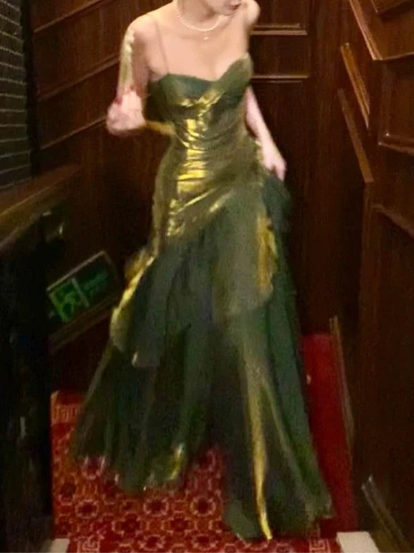 Pretty Olive Green Pleated Mermaid Spaghetti Straps Long Prom Dresses Evening Gowns