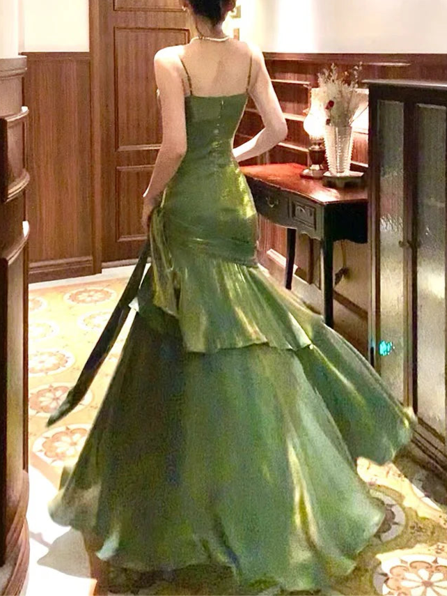 Pretty Olive Green Pleated Mermaid Spaghetti Straps Long Prom Dresses Evening Gowns
