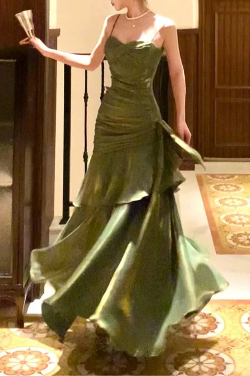 Pretty Olive Green Pleated Mermaid Spaghetti Straps Long Prom Dresses Evening Gowns
