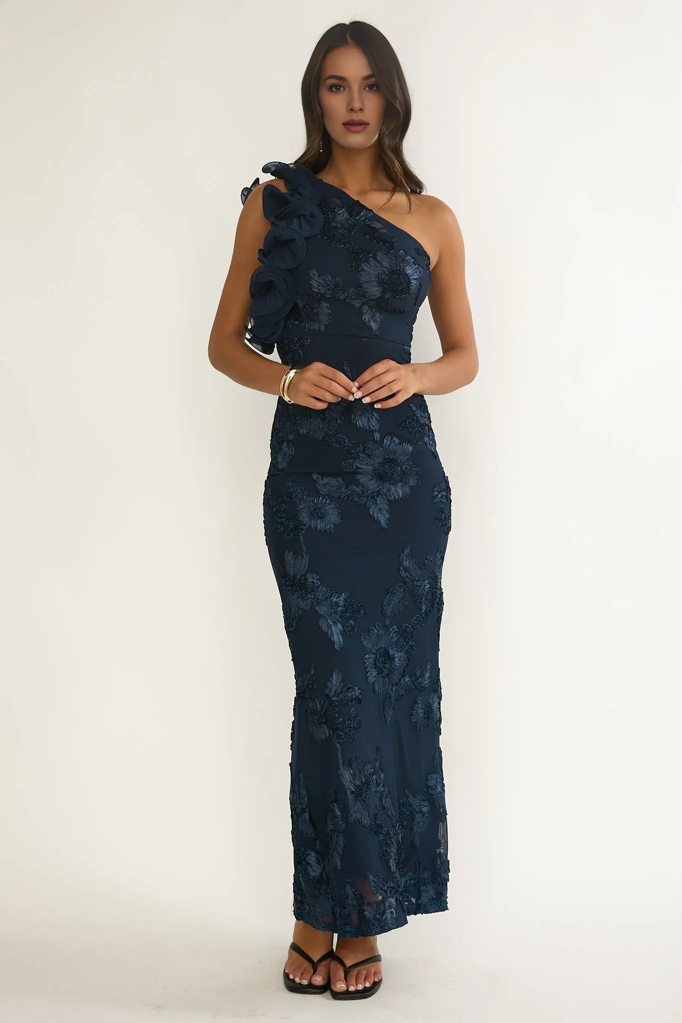 Pretty One-Shoulder Ruffle Floral Texture Navy Maxi Evening Dress Prom Dress