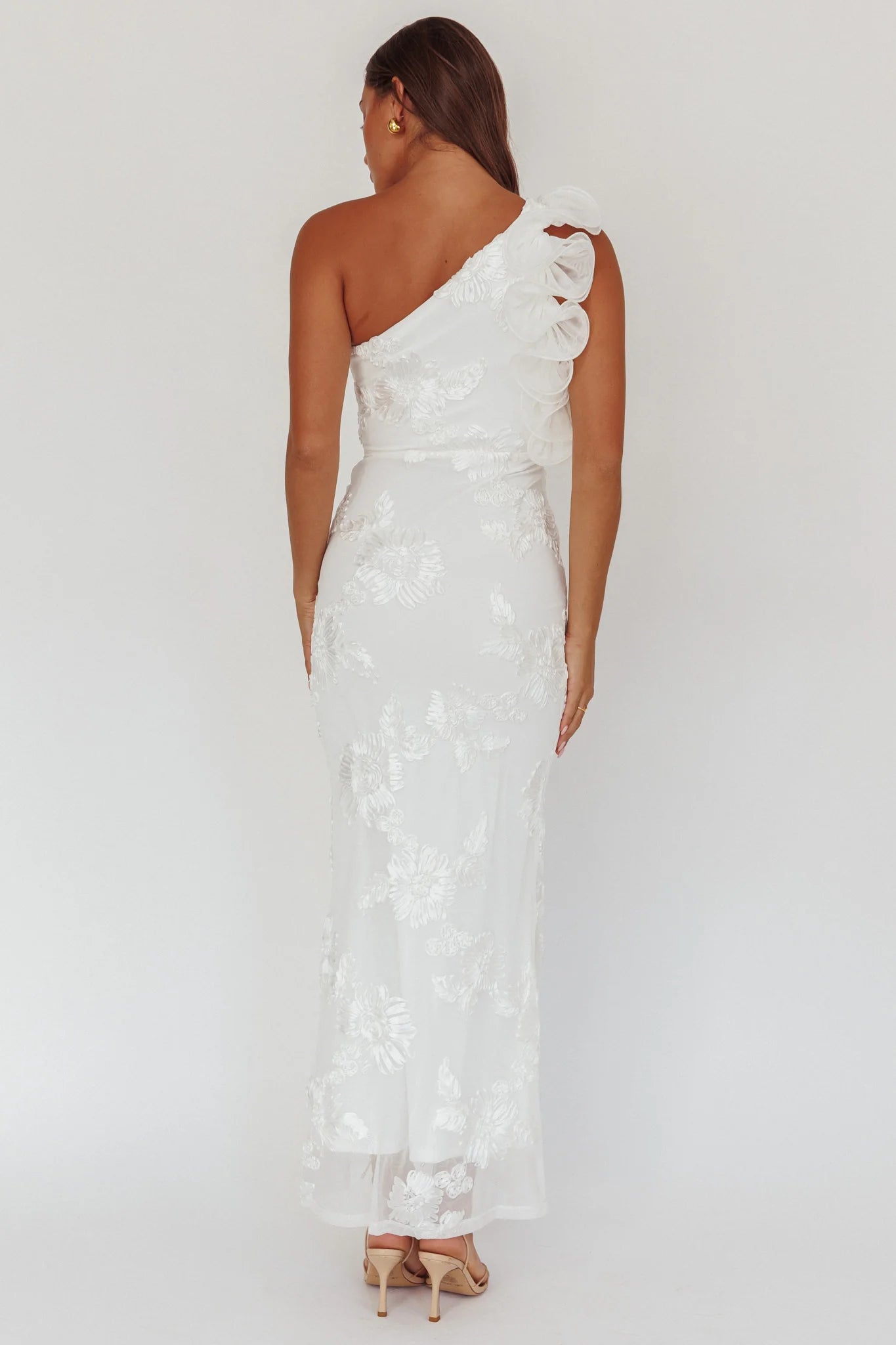 Pretty One-Shoulder Ruffle Floral Texture Navy Maxi Evening Dress Prom Dress