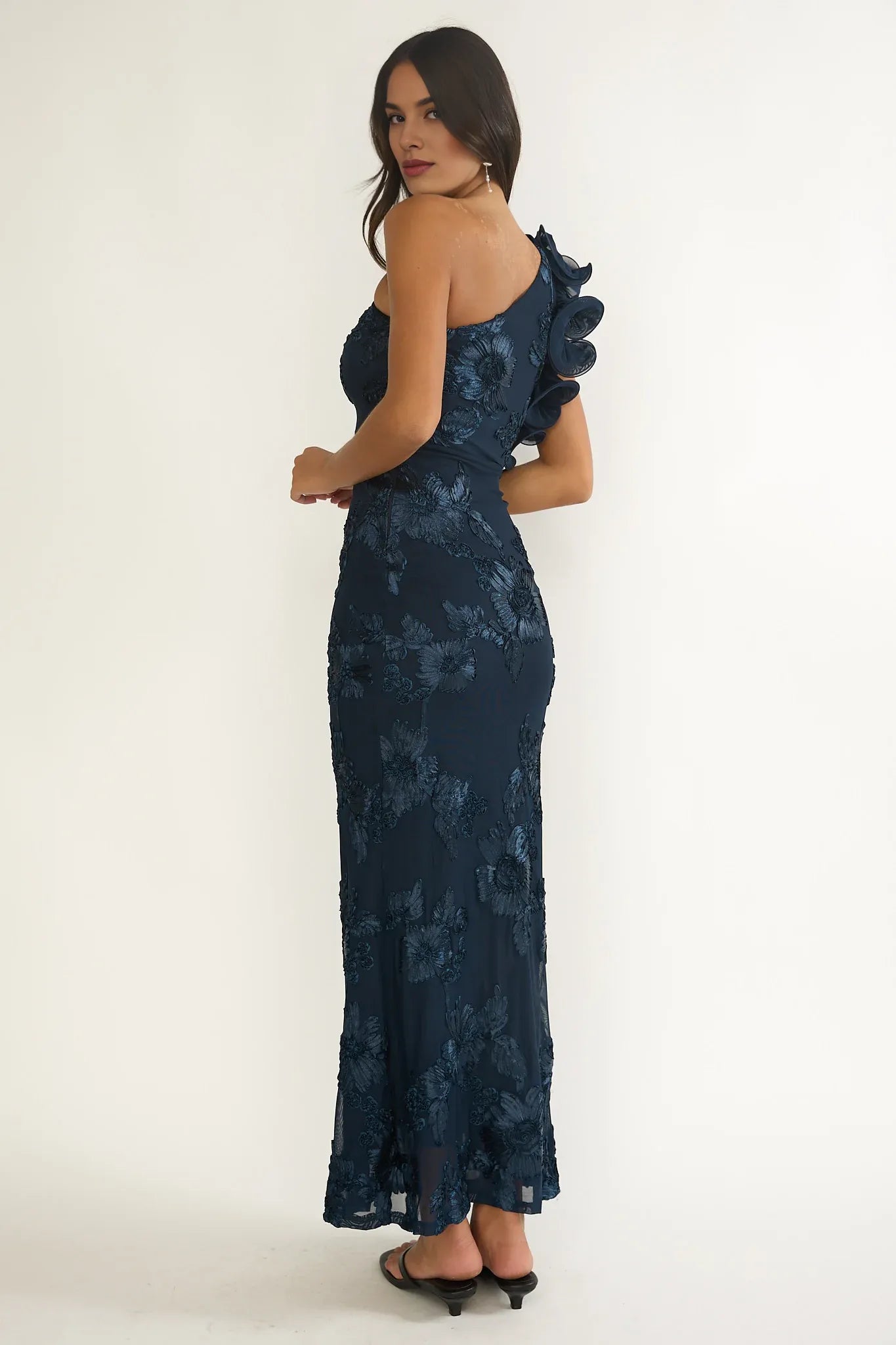 Pretty One-Shoulder Ruffle Floral Texture Navy Maxi Evening Dress Prom Dress