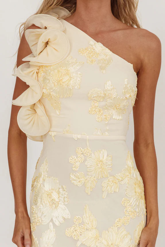 Pretty One-Shoulder Ruffle Floral Texture Yellow Maxi Homecoming Dress Prom Dress