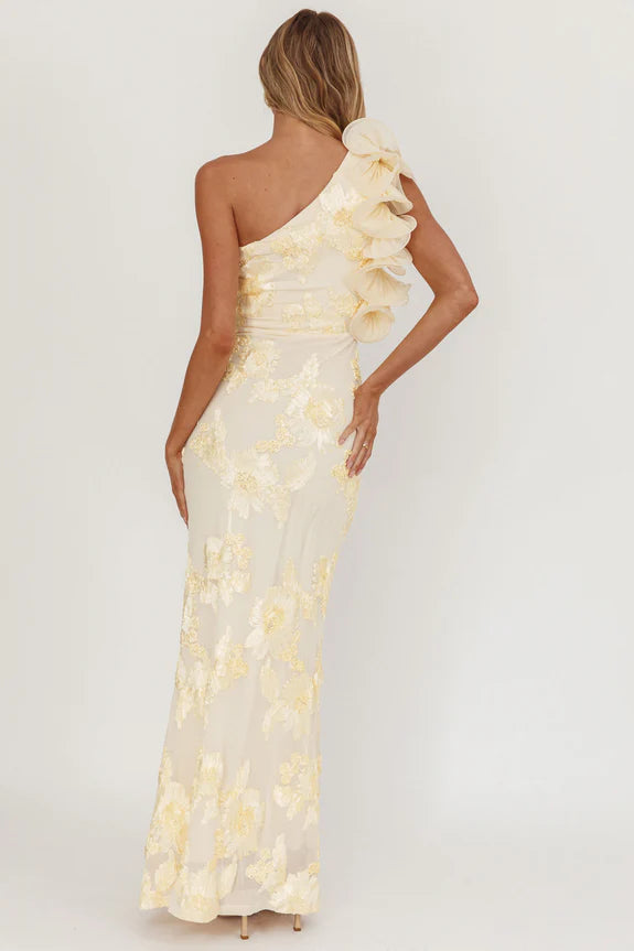 Pretty One-Shoulder Ruffle Floral Texture Yellow Maxi Homecoming Dress Prom Dress
