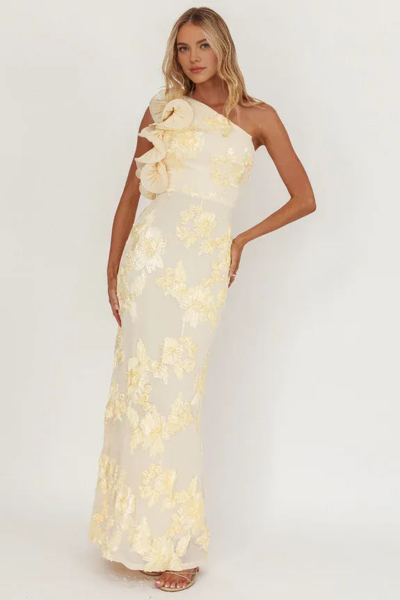 Pretty One-Shoulder Ruffle Floral Texture Yellow Maxi Homecoming Dress Prom Dress
