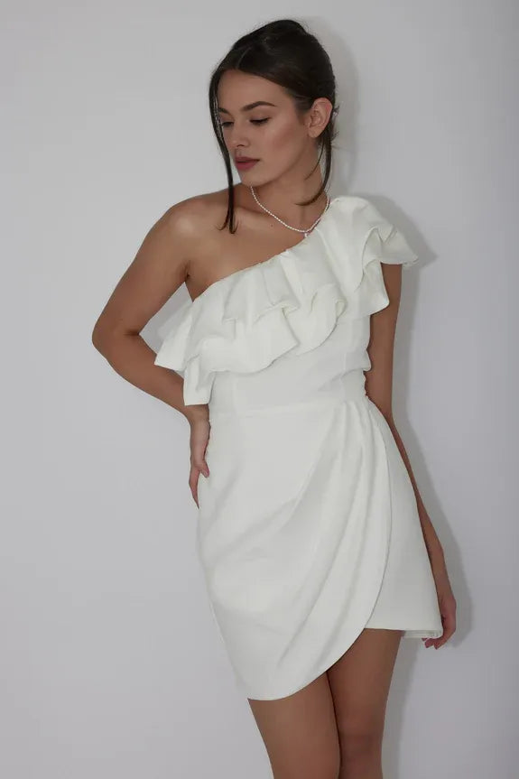Pretty One-Shoulder Ruffle Off White Mini Homecoming Dress Hot Sale