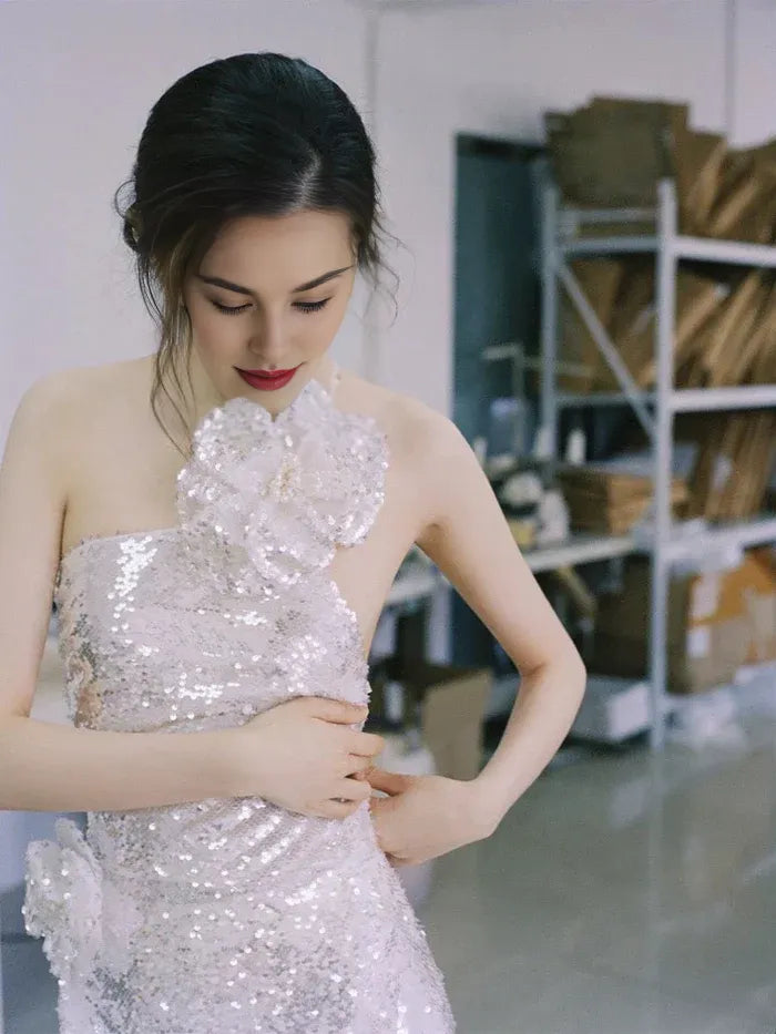 Pretty One Shoulder 3D Flowers Sequin Silver Long Evening Dress Prom Dress