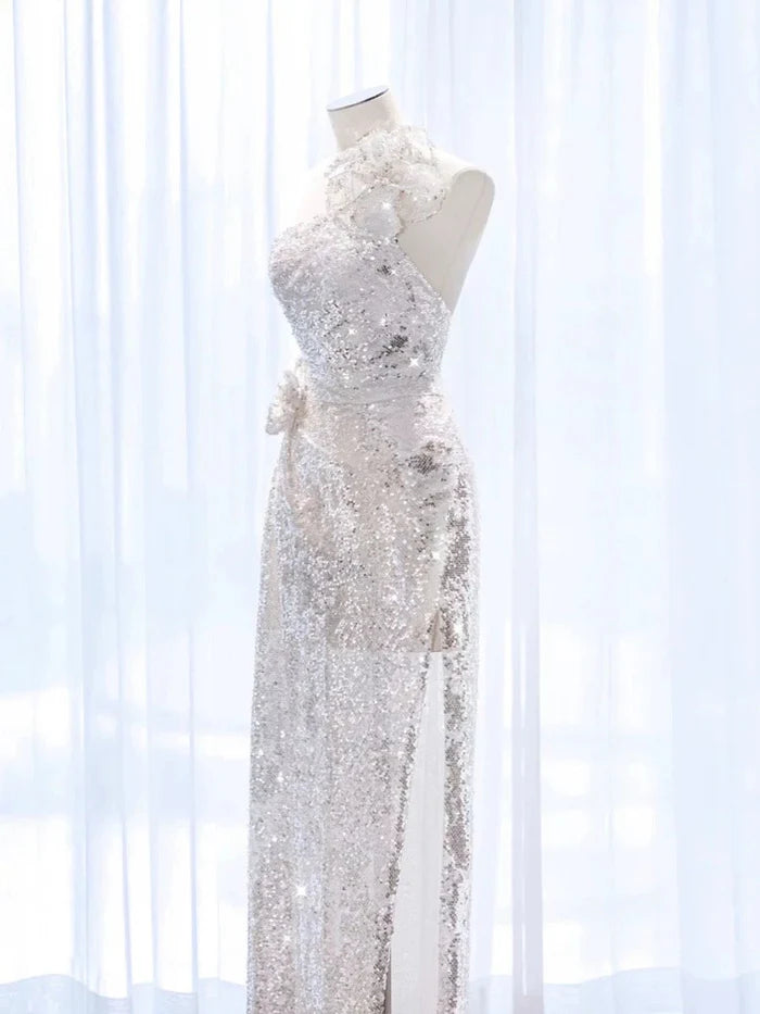 Pretty One Shoulder 3D Flowers Sequin Silver Long Evening Dress Prom Dress