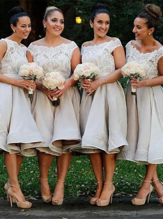 Pretty Organza Floral Lace Off Shoulder Mid-Calf Bridesmaid Dress Off Shoulder Short Party Dress