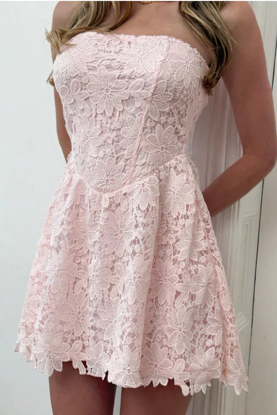 Pretty Pink Floral Lace A-Line Empire-Waist Strapless Short Cocktail Homecoming Dress