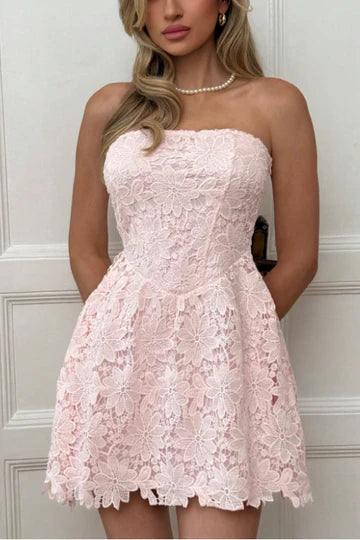 Pretty Pink Floral Lace A-Line Empire-Waist Strapless Short Cocktail Homecoming Dress