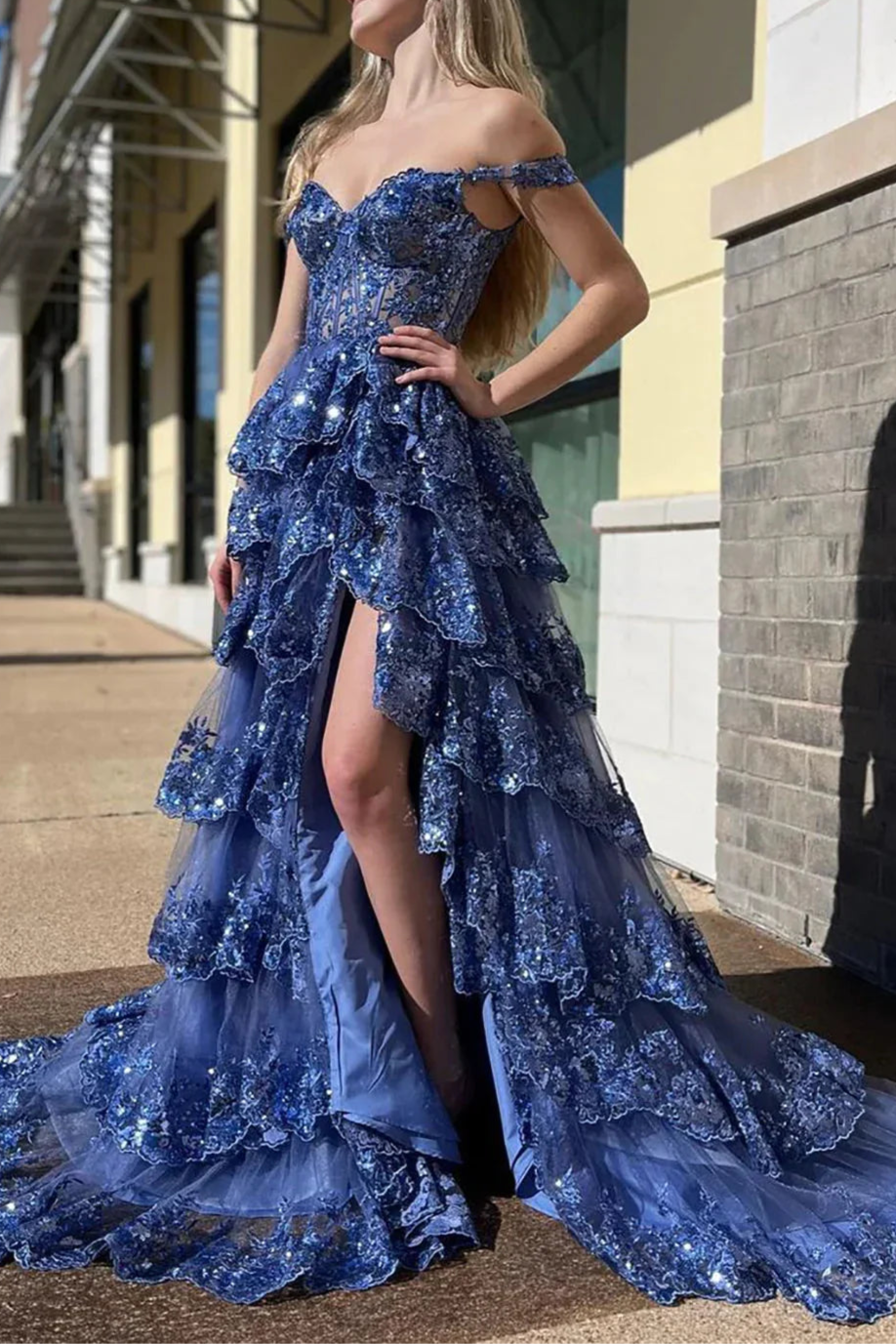 Pretty Pink Lace Sequins A-Line Off The Shoulder Slit Long Prom Dresses Formal Evening Dress