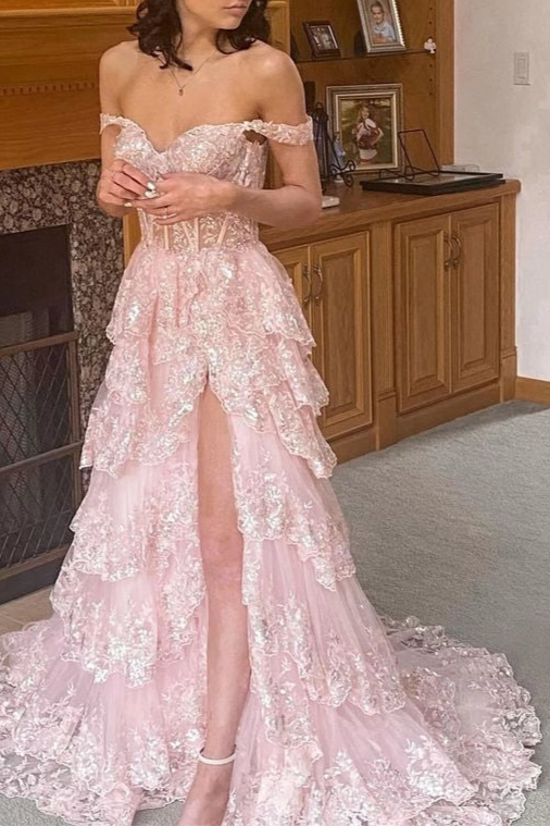 Pretty Pink Lace Sequins A-Line Off The Shoulder Slit Long Prom Dresses Formal Evening Dress