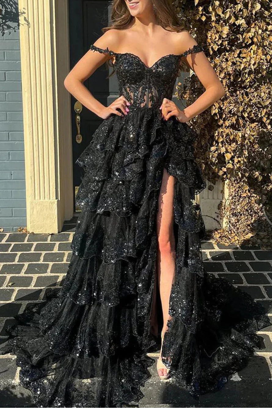 Pretty Pink Lace Sequins A-Line Off The Shoulder Slit Long Prom Dresses Formal Evening Dress