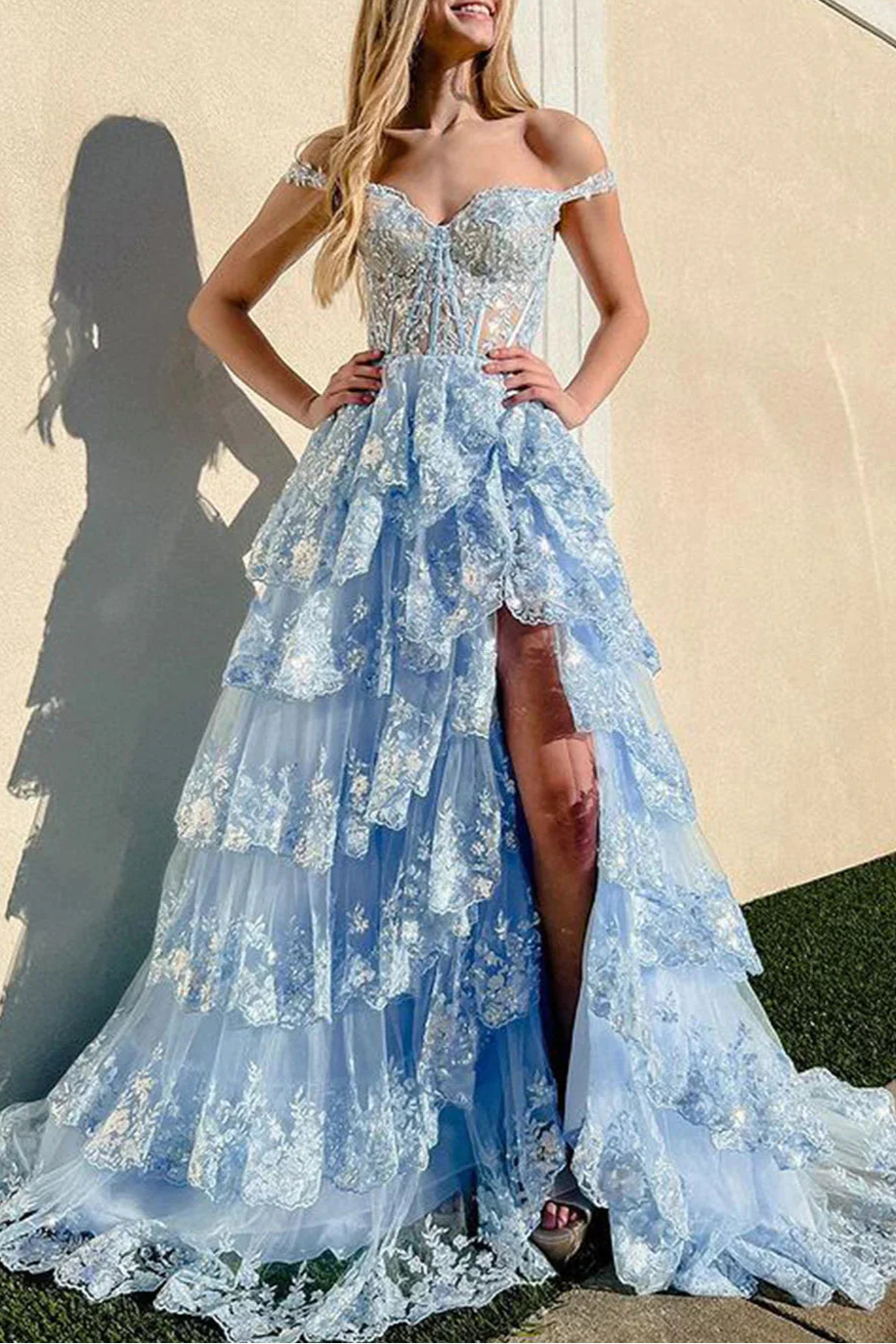 Pretty Pink Lace Sequins A-Line Off The Shoulder Slit Long Prom Dresses Formal Evening Dress