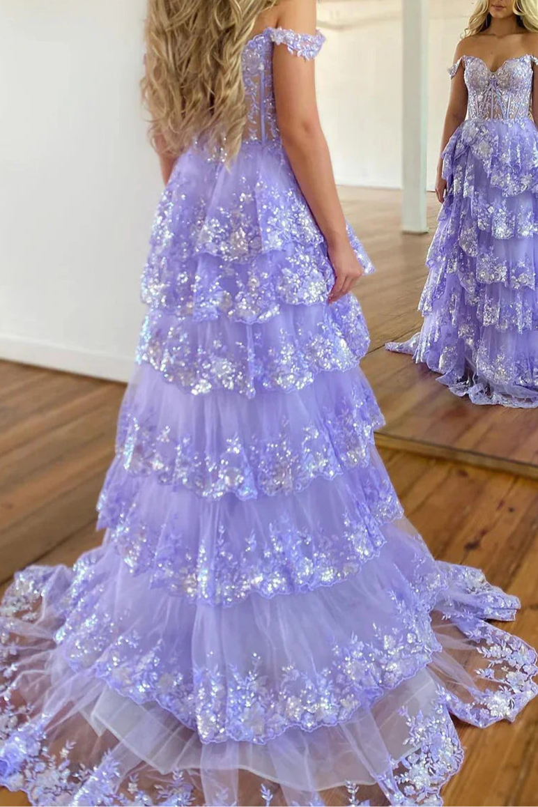 Pretty Pink Lace Sequins A-Line Off The Shoulder Slit Long Prom Dresses Formal Evening Dress