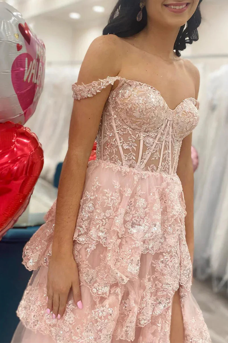 Pretty Pink Lace Sequins A-Line Off The Shoulder Slit Long Prom Dresses Formal Evening Dress