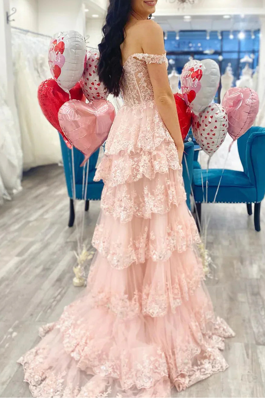 Pretty Pink Lace Sequins A-Line Off The Shoulder Slit Long Prom Dresses Formal Evening Dress