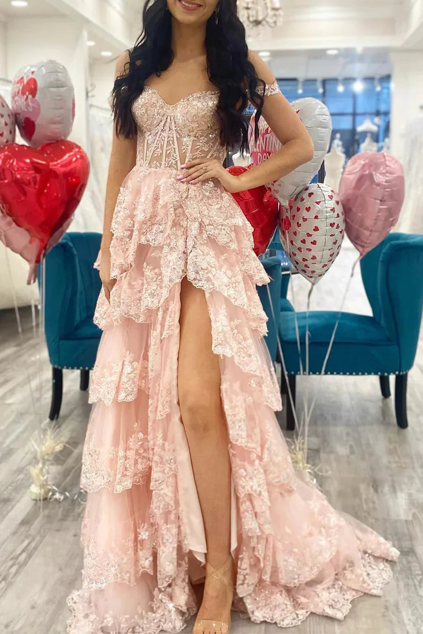 Pretty Pink Lace Sequins A-Line Off The Shoulder Slit Long Prom Dresses Formal Evening Dress