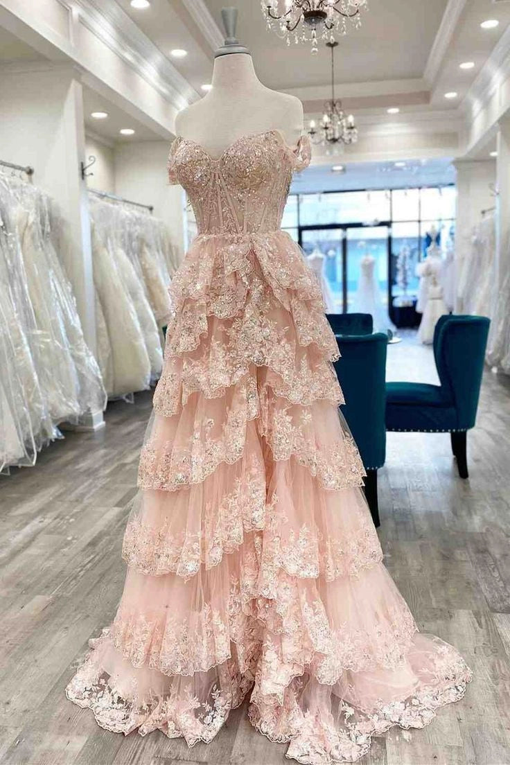 Pretty Pink Lace Sequins A-Line Off The Shoulder Slit Long Prom Dresses Formal Evening Dress