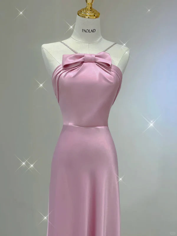 Pretty Pink Satin Halter A Line Long Prom Dresses Casual Pink Party Dresses Evening Dresses