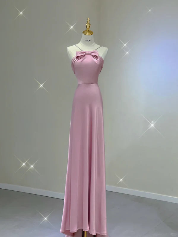 Pretty Pink Satin Halter A Line Long Prom Dresses Casual Pink Party Dresses Evening Dresses