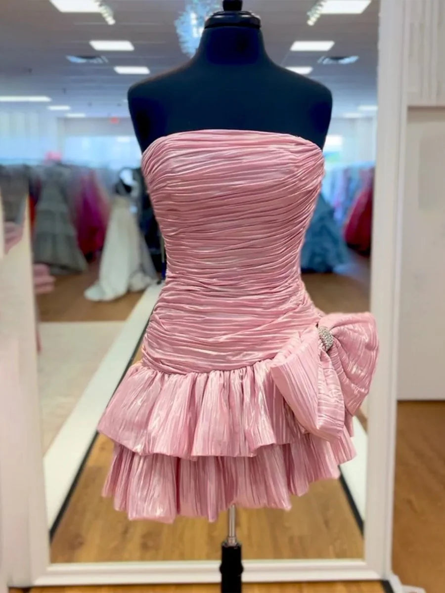 Pretty Pink Satin Pleated A Line Strapless Tiered Short Homecoming Dress With Bow