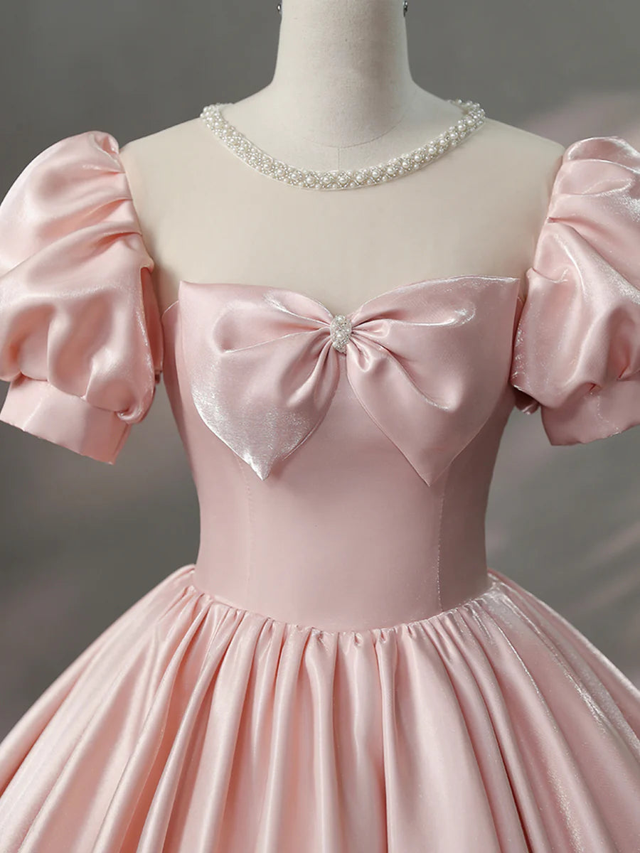 Pretty Pink Satin Scoop Neck Floor Length Prom Dress A-Line Short Sleeve Princess Evening Dress With Bow