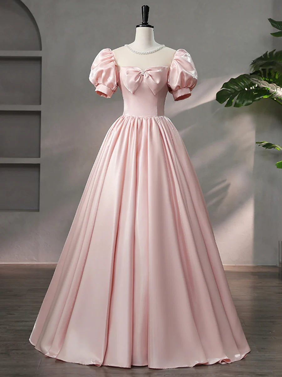 Pretty Pink Satin Scoop Neck Floor Length Prom Dress A-Line Short Sleeve Princess Evening Dress With Bow