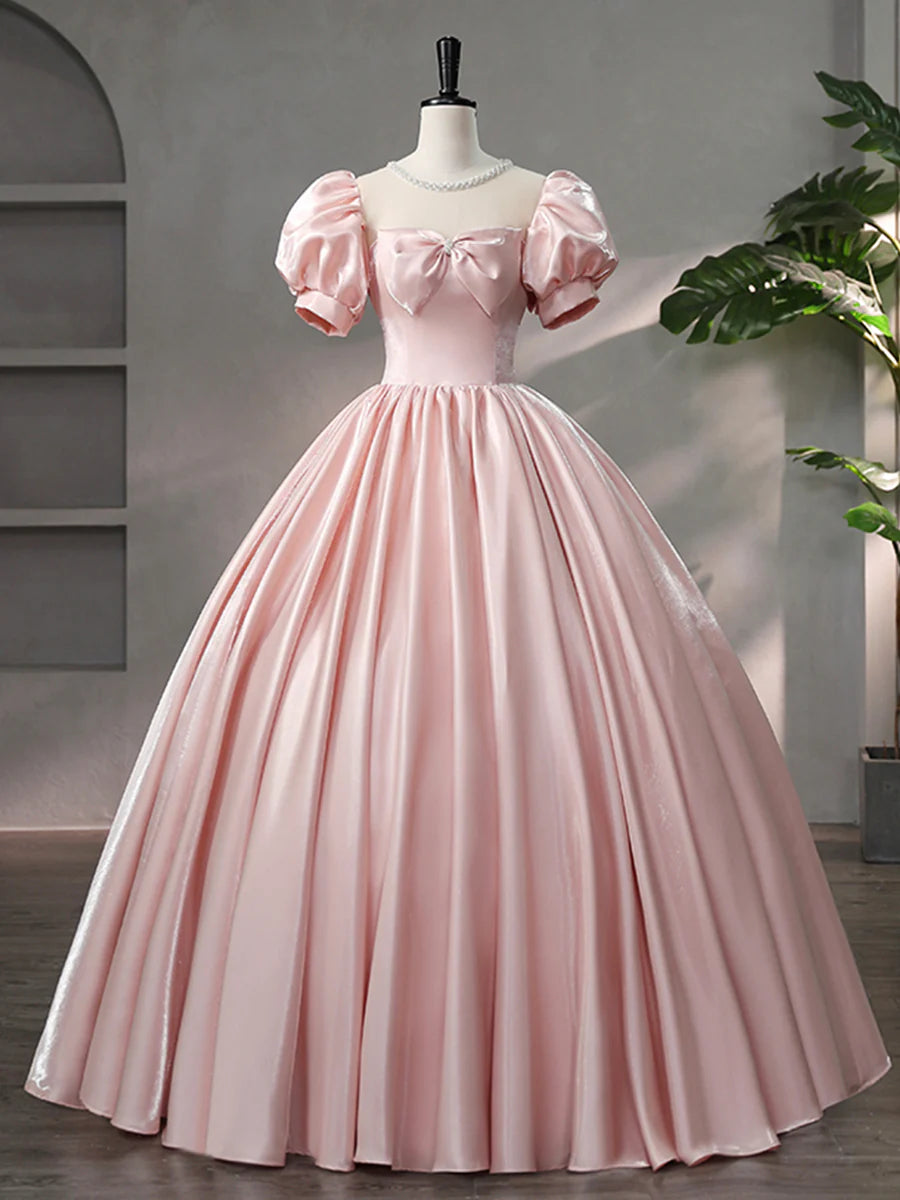Pretty Pink Satin Scoop Neck Floor Length Prom Dress A-Line Short Sleeve Princess Evening Dress With Bow