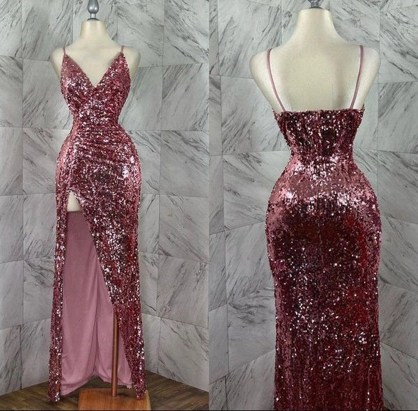 Pretty Pink Sequin Mermaid V Neck Spaghetti Straps Rose High Slit Long Prom Dresses Bargain Pink Party Dress For Women