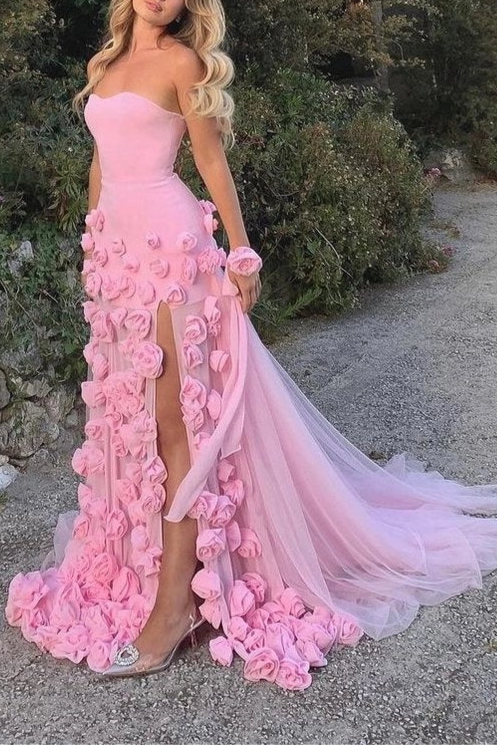Pretty Pink Sheath Sweetheart Neck Slit Long Prom Dresses Formal Evening Dress With Overlength Train