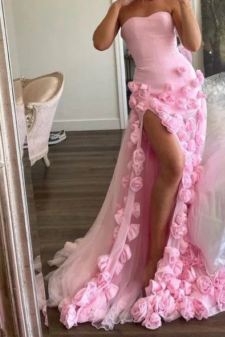 Pretty Pink Sheath Sweetheart Neck Slit Long Prom Dresses Formal Evening Dress With Overlength Train