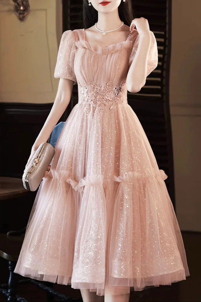 Pretty Pink Tulle Sequins A-Line Knee Length Party Dress Short Sleeve Homecoming Dress