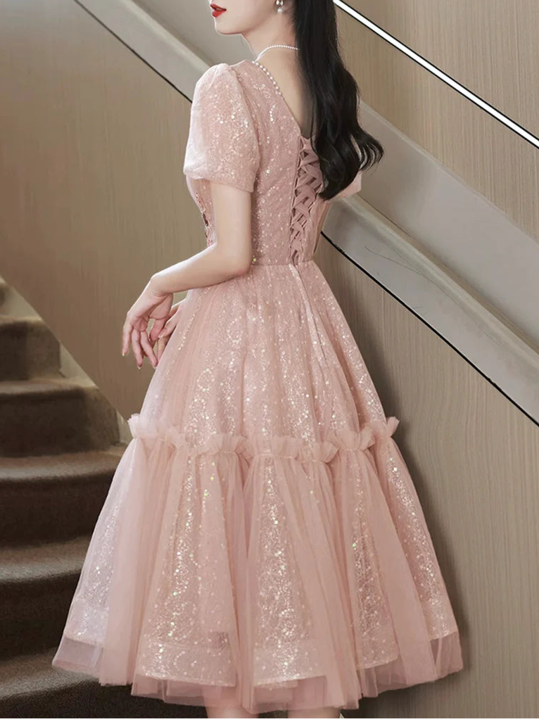 Pretty Pink Tulle Sequins A-Line Knee Length Party Dress Short Sleeve Homecoming Dress
