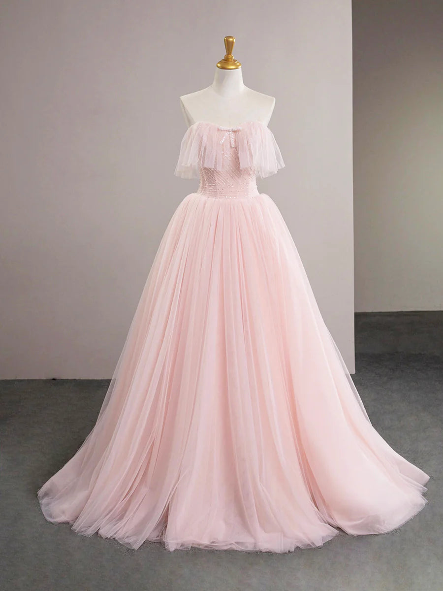 Pretty Pink Tulle Strapless Beads Floor length Prom Dress A-Line Discount Long Evening Party Dress