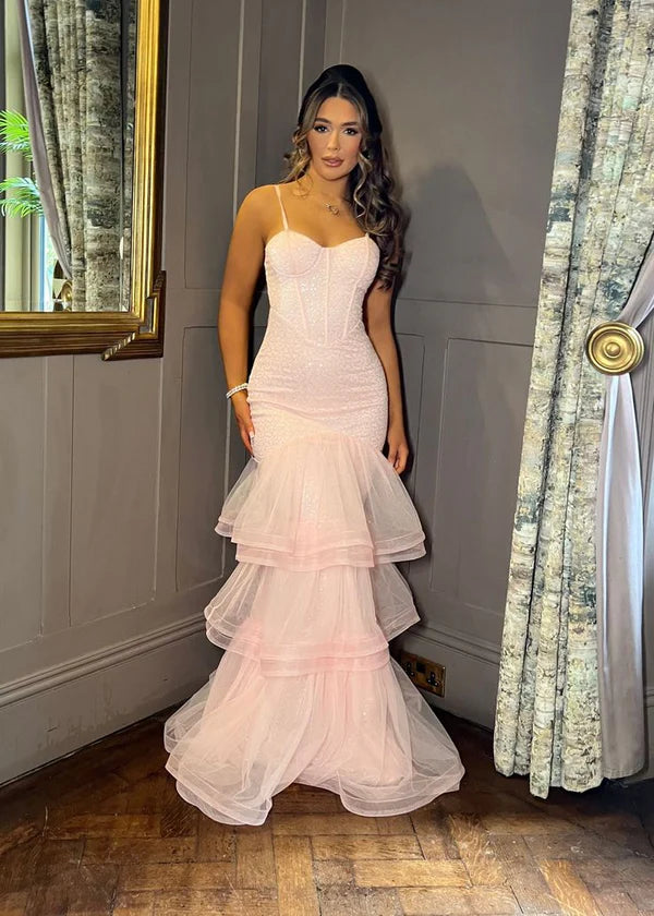 Pretty Pink Tulle Tiered Spaghetti Straps Mermaid Bodycon Long Prom Dress Graduation Dress