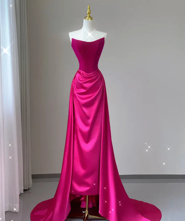Pretty Purple Satin Strapless Sleeveless Pleated Mermaid Long Prom Dresses Evening Dresses With Cape