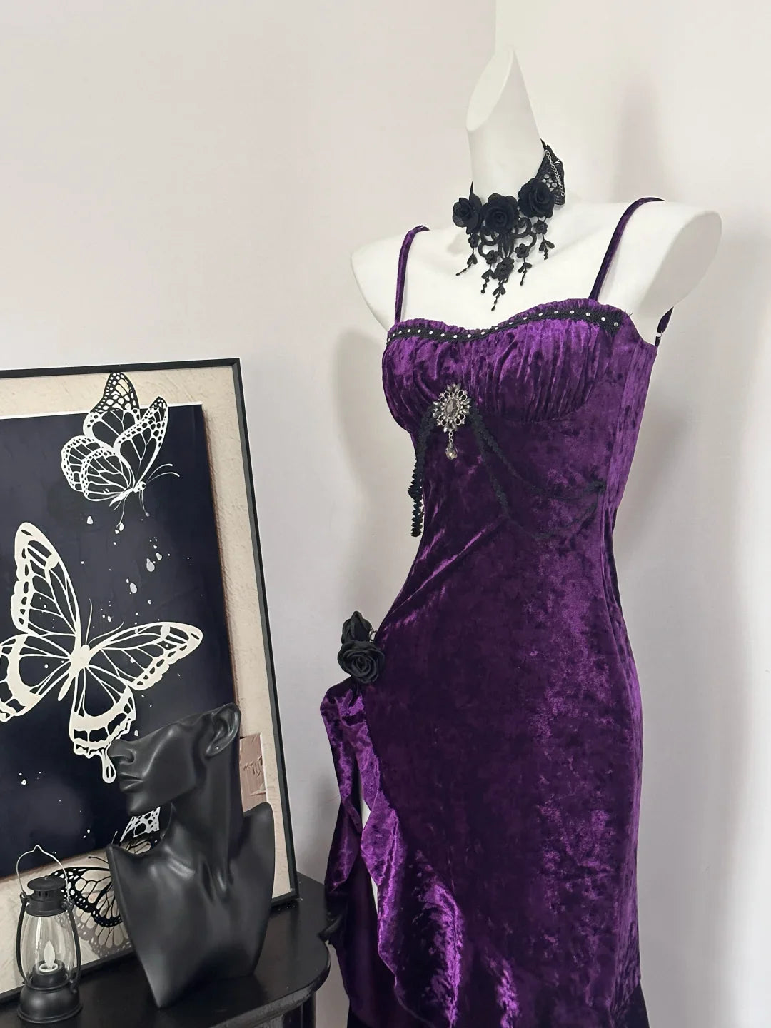 Pretty Purple Velvet Ruffle Spaghetti Straps Party Dress Birthday Evening Dress With Overlength Train