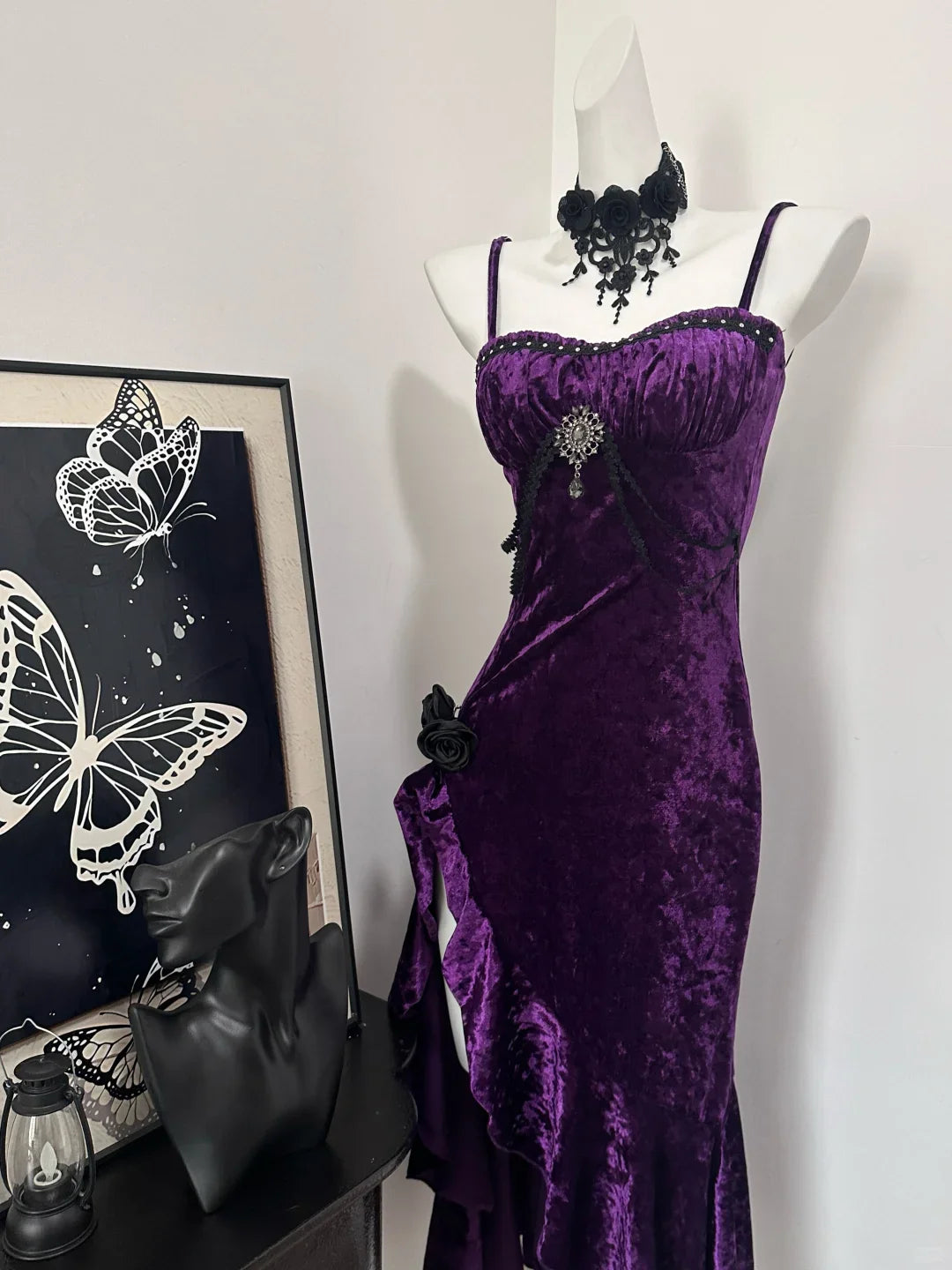 Pretty Purple Velvet Ruffle Spaghetti Straps Party Dress Birthday Evening Dress With Overlength Train