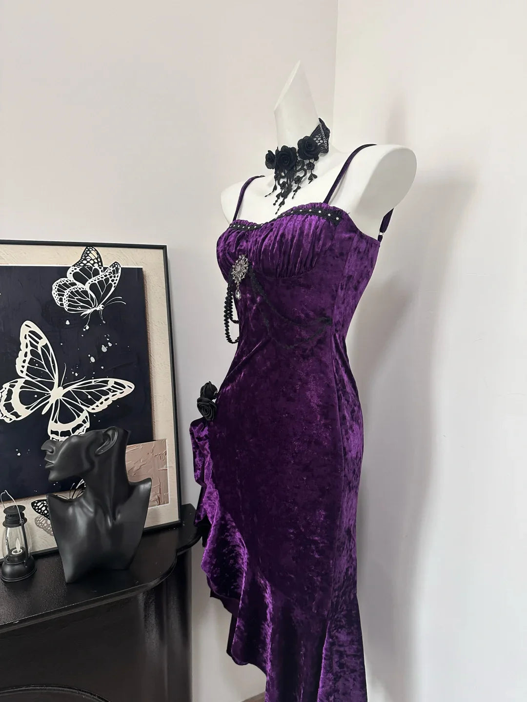 Pretty Purple Velvet Ruffle Spaghetti Straps Party Dress Birthday Evening Dress With Overlength Train
