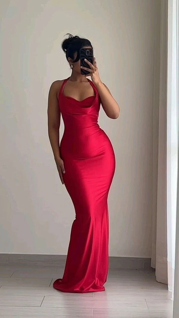 Pretty Red Satin Mermaid Halter Sleeveless Long Prom Dresses Casual Red Party Dresses