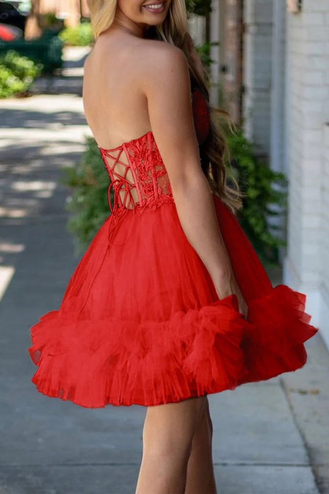 Pretty Red Tulle Beaded A-Line Sweetheart Neck Ruffle Homecoming Dress With Appliques