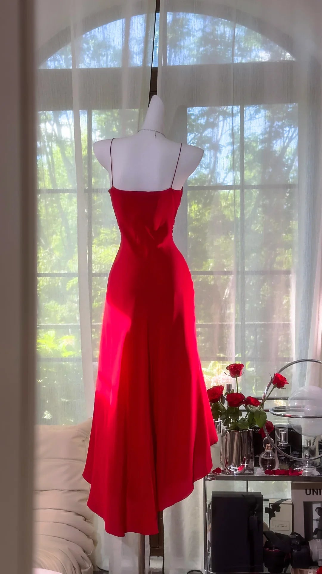 Pretty Red V Neck Chiffon Spaghetti Straps Mermaid Evening Dress Prom Dress With Asymmetrical Hem